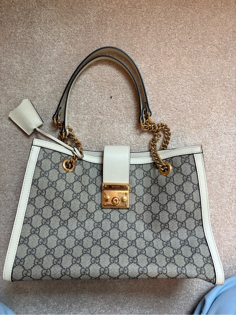 Gucci white  GG Supreme Canvas Shoulder Tote with White Trim and Gold Hardwar